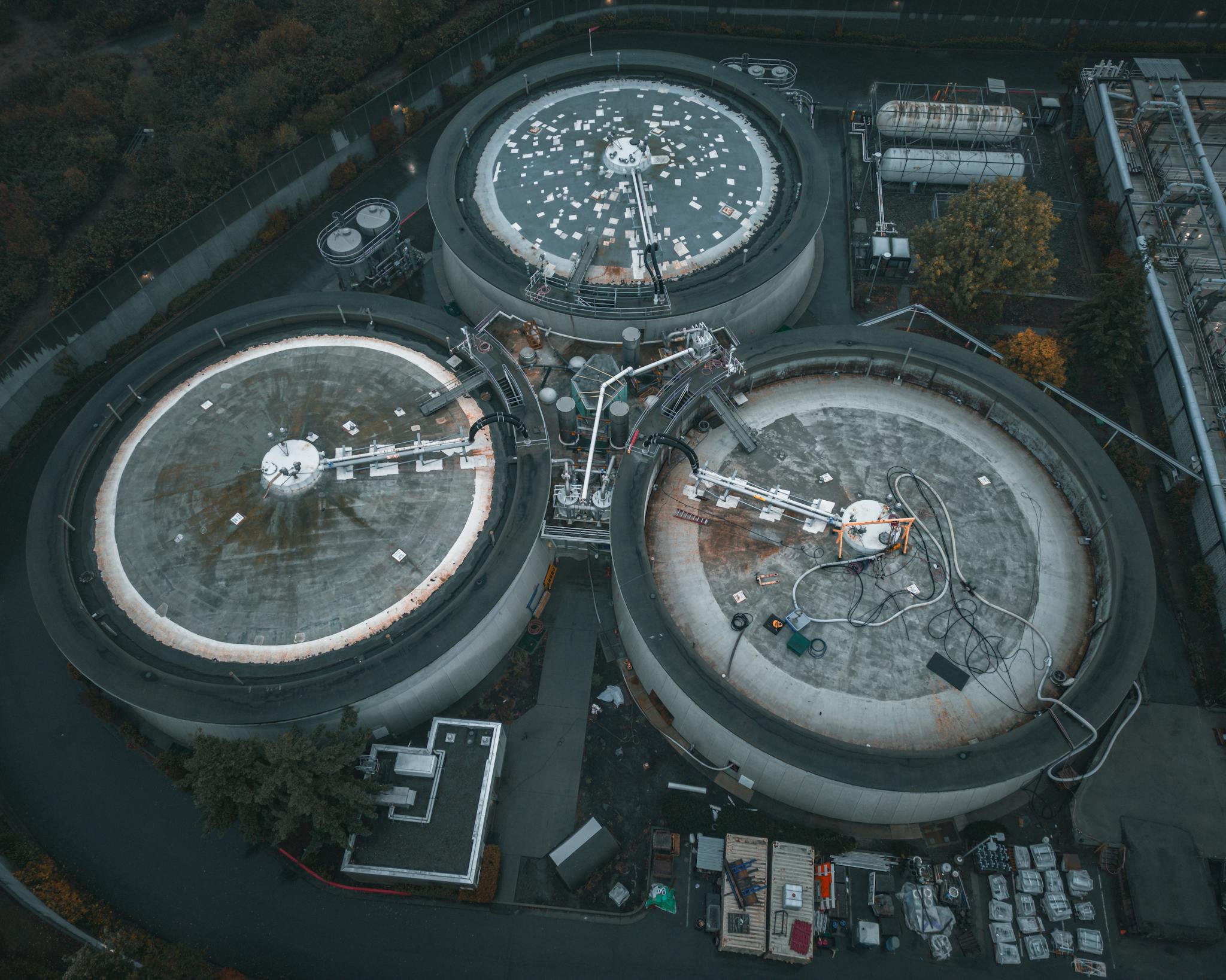Drone shot of industrial tanks in Seattle highlights technology and engineering landscape.